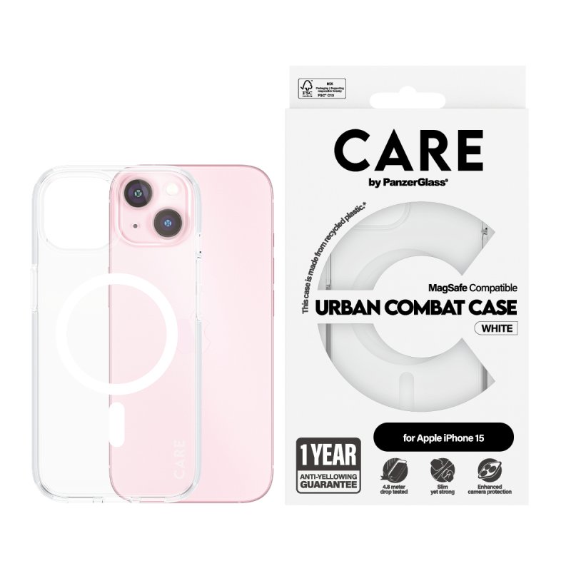 PanzerGlass CARE by Flagship Case Transparent Urban Combat w. White MagSafe iPhone 15