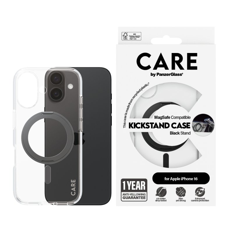 CARE by PanzerGlass - Feature Case Transparent w. Black Kickstand & MagSafe - iPhone 16