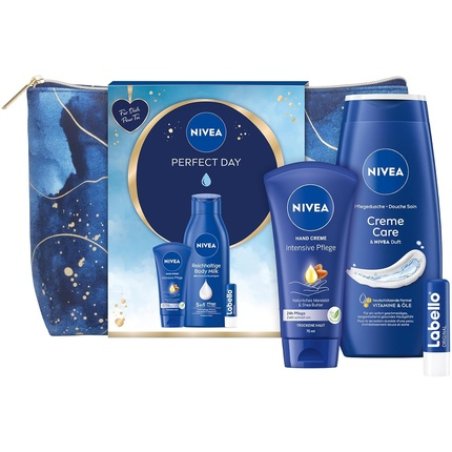 NIVEA Perfect Day Gift Set with Moisturizing Care Products Hand Cream, Labello, Body Milk and Toiletry Bag