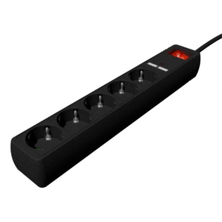 REGLETA CON CARGADOR USB, 5 ENCHUFES, 1.5 M, USB 2A, COLOR NEGRO