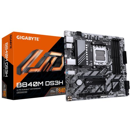 GIGABYTE B840M DS3H Carte mère - Processeurs AMD Ryzen 9000, VRM 8 2 2 phases, jusqu'à 8200 MHz DDR5, 2xPCIe 4.0 M.2,