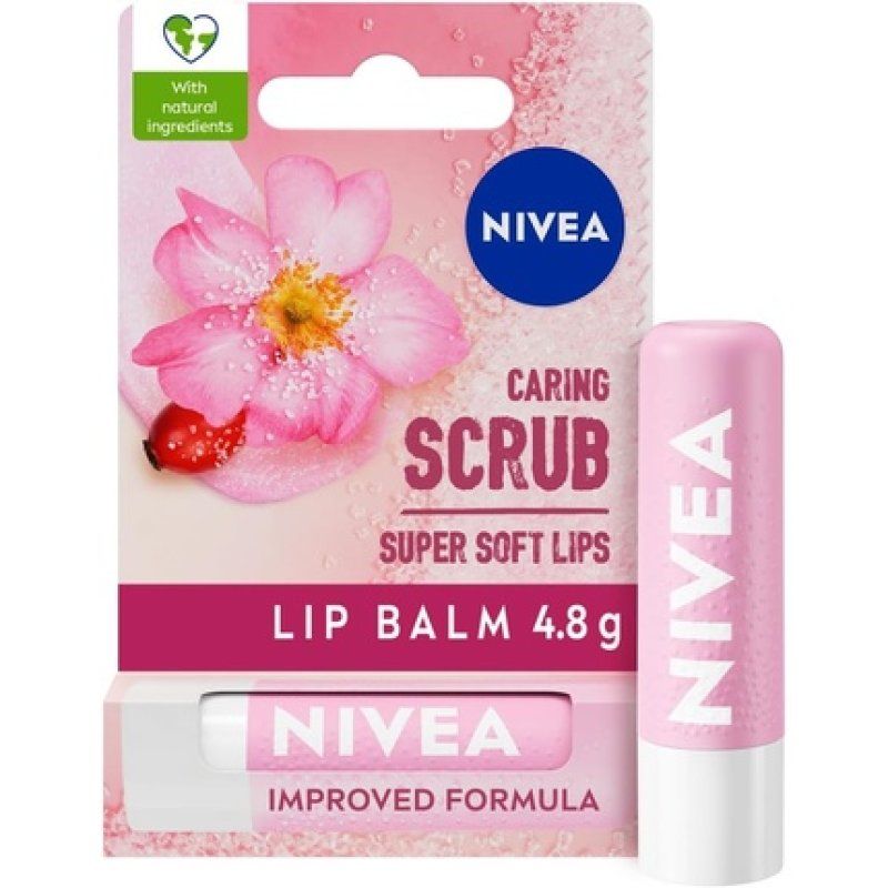 NIVEA 2in1 Caring Lip Scrub 4.8g Lip Balm with Rosehip Oil and Vitamin E Gently Exfoliates for Super Soft Lips