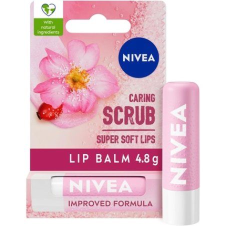 NIVEA 2in1 Caring Lip Scrub 4.8g Lip Balm with Rosehip Oil and Vitamin E Gently Exfoliates for Super Soft Lips
