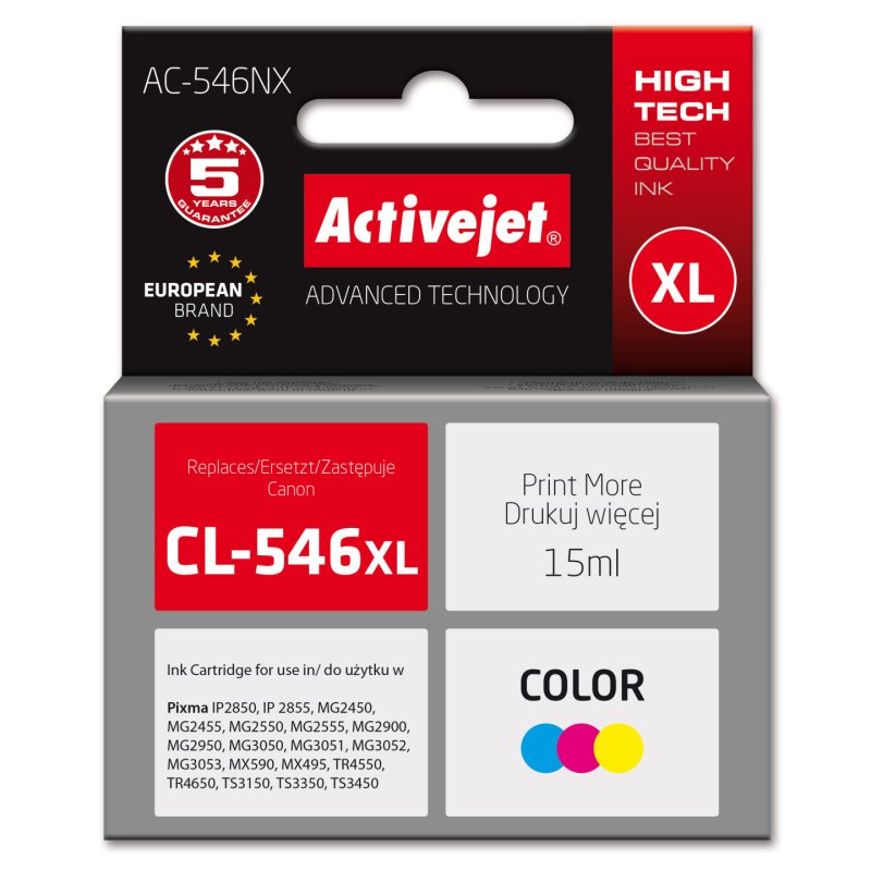 Activejet AC-546NX Encre pour imprimante Canon, Remplacement Canon CL-546XL Suprême 15 ml couleur, cyan, magenta,