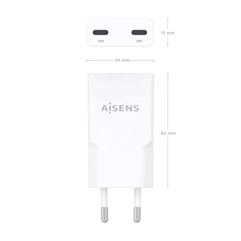 CARGADOR AISENS GAN ULTRA DELGADO 30W 2XUSB-C PD3.0 QC4.0 BLANCO