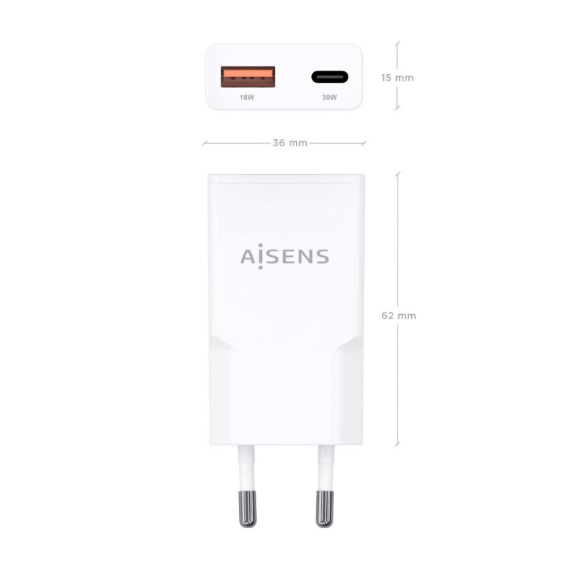 CARGADOR AISENS GAN ULTRA DELGADO 30W USB-C PD3.0 QC4.0 USB-A QC3.0
