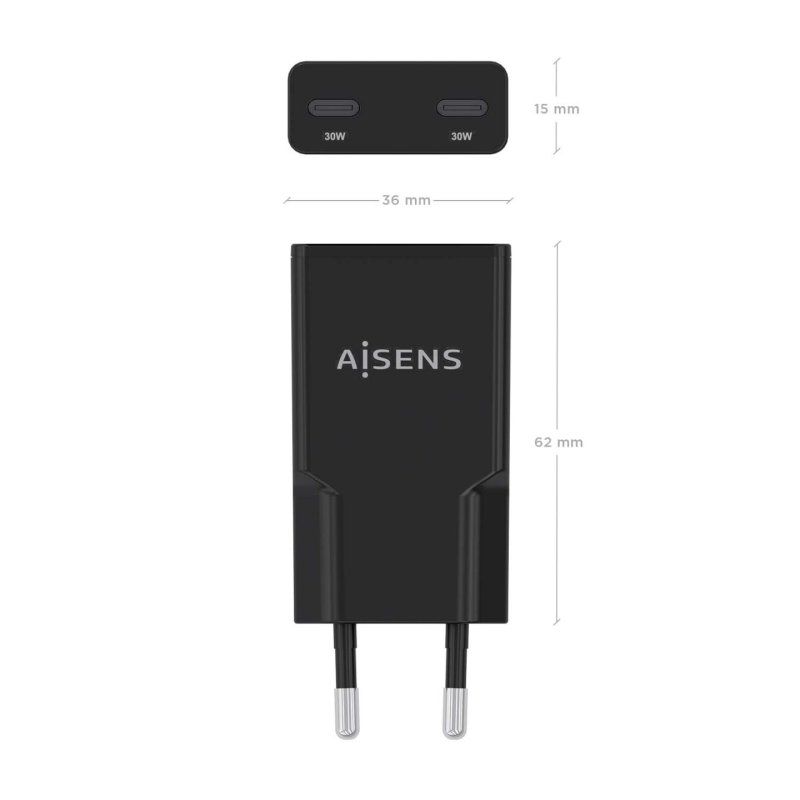 CARGADOR AISENS GAN ULTRA DELGADO 30W 2XUSB-C PD3.0 QC4.0 NEGRO