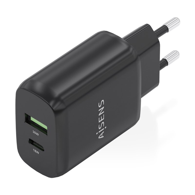 CARGADOR AISENS GAN 30W, 1XUSB-C PD3.0 QC4.0, 1XUSB-A QC3.0, NEGRO