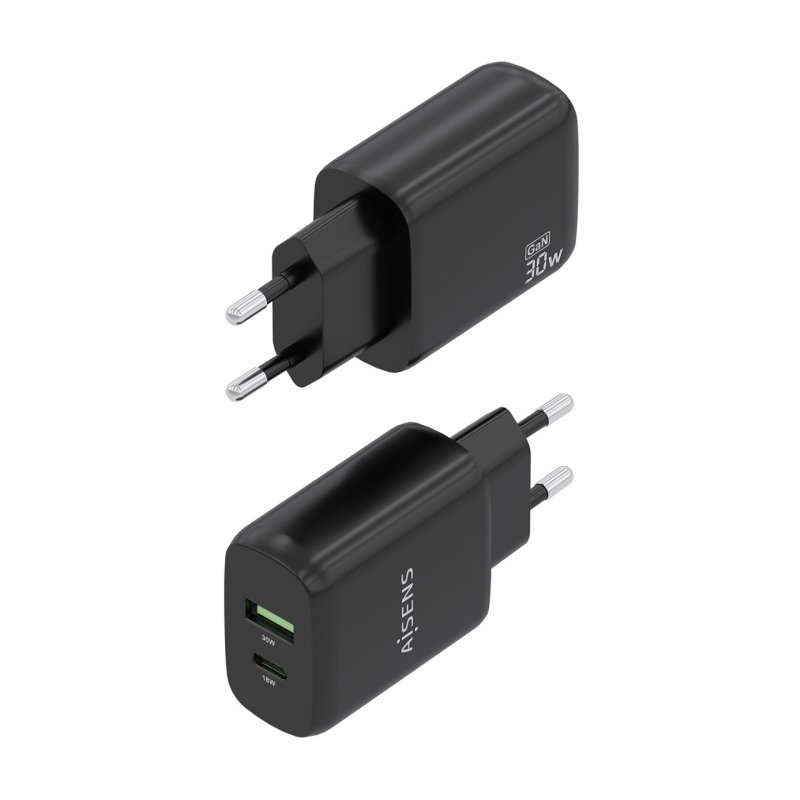 CARGADOR AISENS GAN 30W, 1XUSB-C PD3.0 QC4.0, 1XUSB-A QC3.0, NEGRO