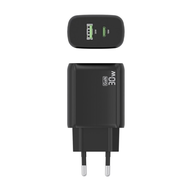 CARGADOR AISENS GAN 30W, 1XUSB-C PD3.0 QC4.0, 1XUSB-A QC3.0, NEGRO