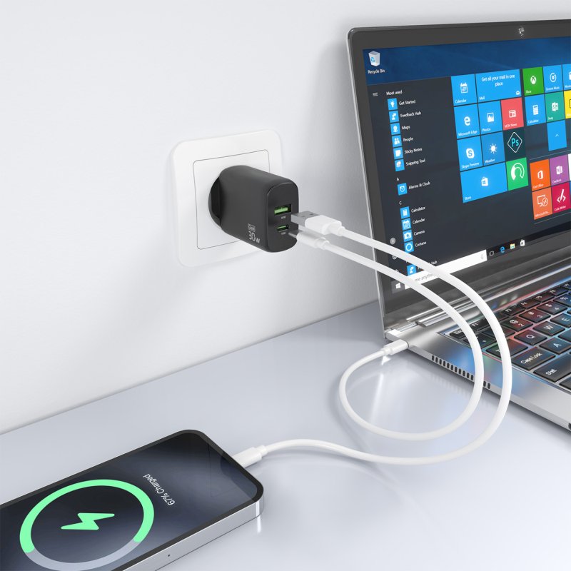 CARGADOR AISENS GAN 30W, 1XUSB-C PD3.0 QC4.0, 1XUSB-A QC3.0, NEGRO