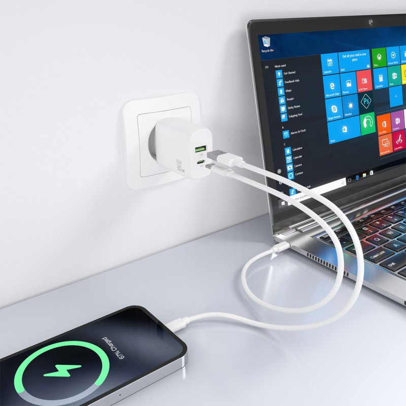 CARGADOR AISENS GAN 30W, 1XUSB-C PD3.0 QC4.0, 1XUSB-A QC3.0, BLANCO