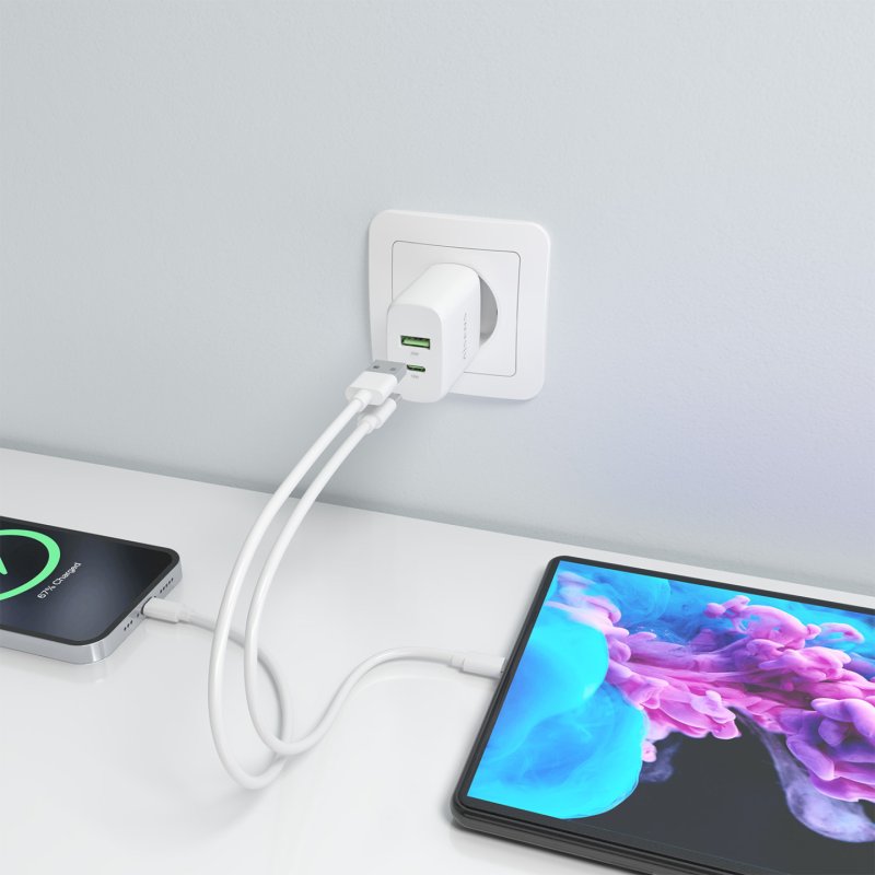 CARGADOR AISENS GAN 30W, 1XUSB-C PD3.0 QC4.0, 1XUSB-A QC3.0, BLANCO