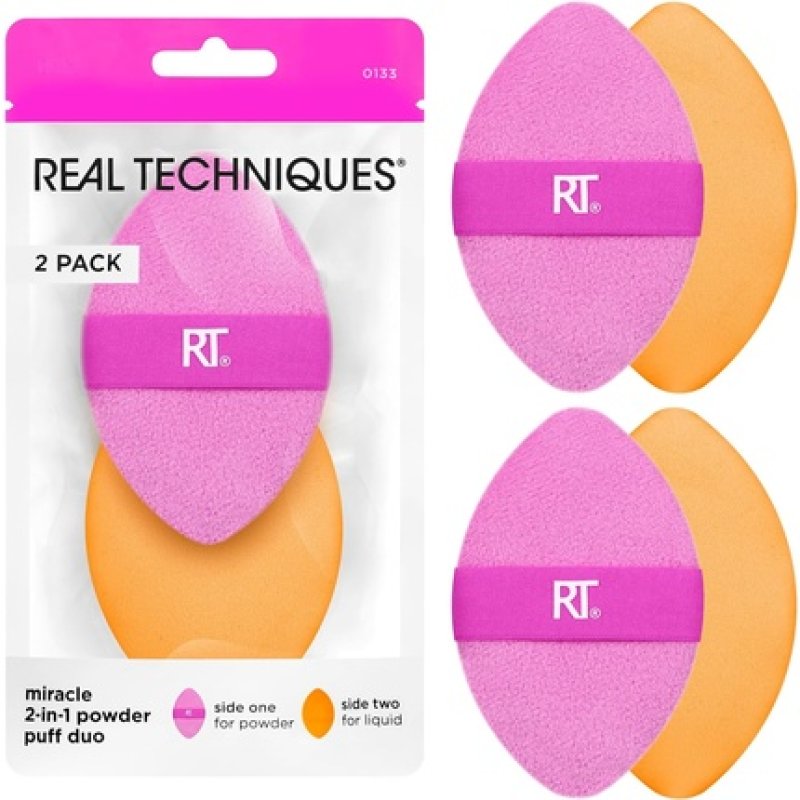 Real Techniques Miracle 2-In-1 Powder Puff Dual-Sided Full-Size Makeup Blending Puff Reversible Elastic Band Precision