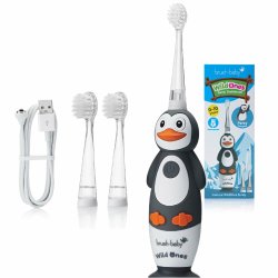 Brush-Baby WildOnes Kids Electric Rechargeable Toothbrush Penguin 1 Handle 3 Brush Head USB Charging Cable for Ages 0-10