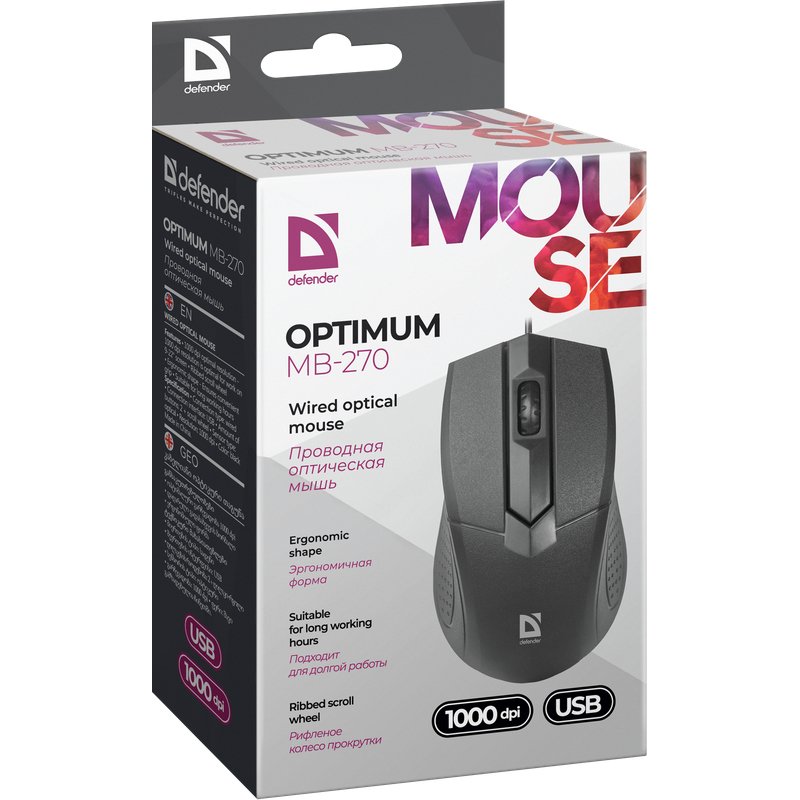 Defender Optimum MB-270 souris Bureau Droitier USB Type-A Optique 1000 DPI