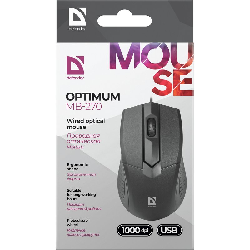 Defender Optimum MB-270 souris Bureau Droitier USB Type-A Optique 1000 DPI