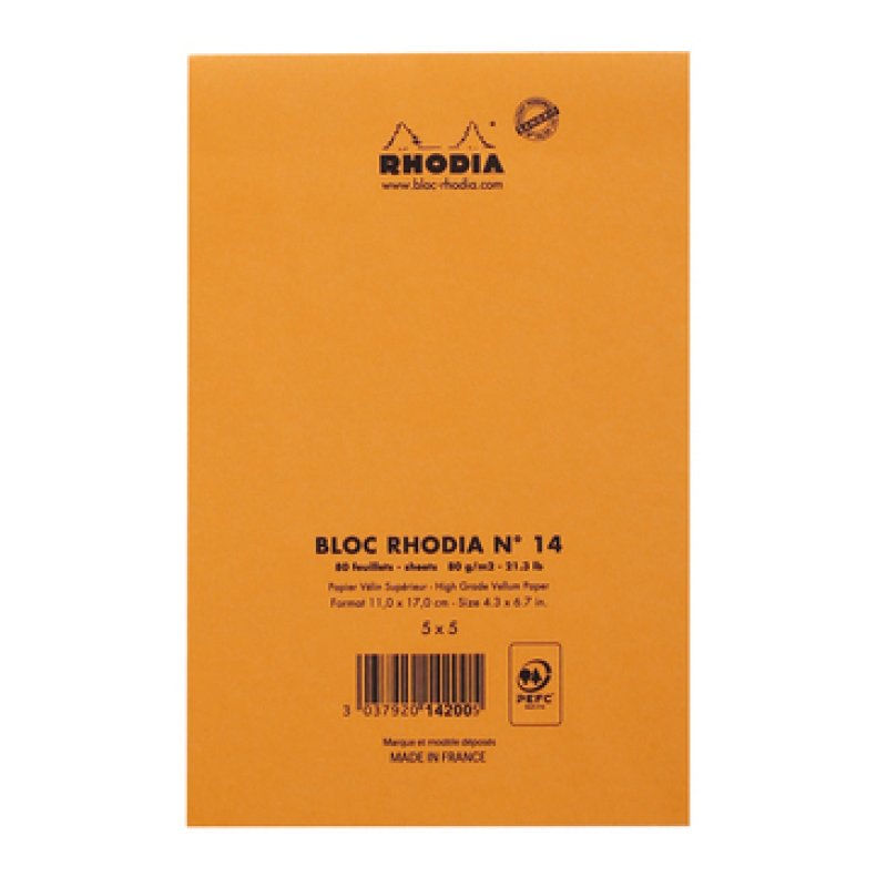 RHODIA Bloc agrafé No.14, 110 x 170 mm, quadrillé 5x5 orange