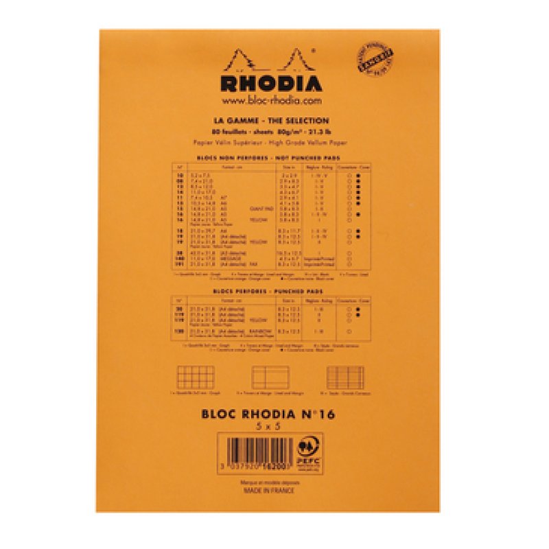 RHODIA Bloc agrafé No. 16, format A5, quadrillé 5x5, orange