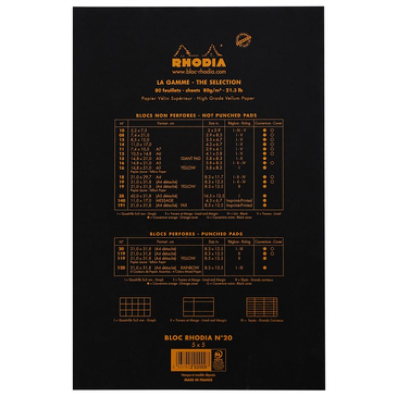 RHODIA Bloc agrafé No. 20, format A4 , quadrillé 5x5, noir