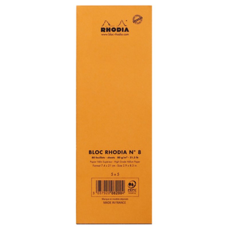RHODIA Bloc agrafé No. 8, 74 x 210 mm, quadrillé 5x5, orange