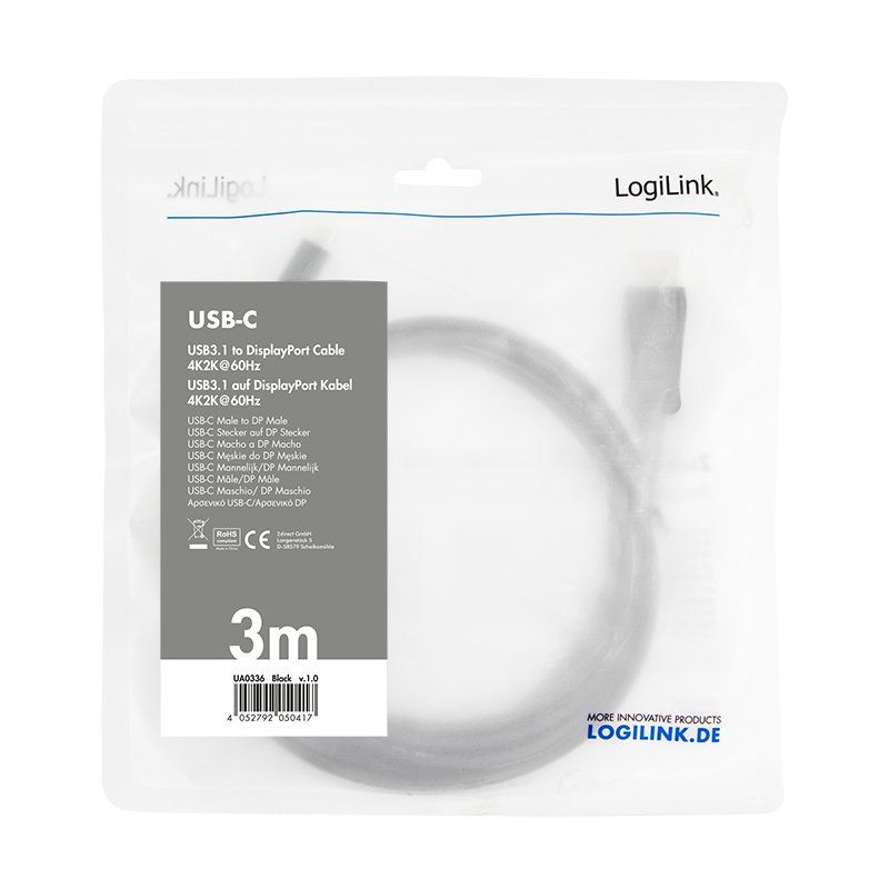 LogiLink Câble de connexion USB-C - DisplayPort, 3,0 m, noir