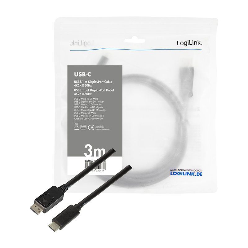 LogiLink Câble de connexion USB-C - DisplayPort, 3,0 m, noir