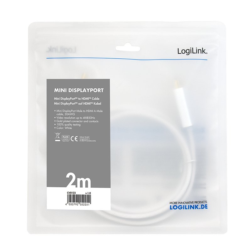 LogiLink CV0123 video cable adapter 2 m Mini DisplayPort HDMI Type A (Standard) White