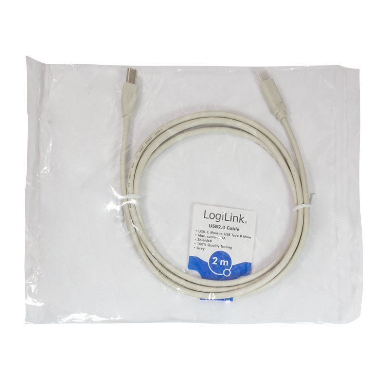 LogiLink Câble USB 2.0, USB-C - USB-B mâle, 2,0 m, gris