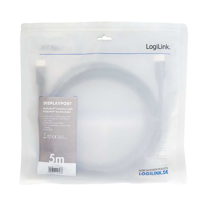 LogiLink Câble de raccordement DisplayPort 1.4, 5,0 m, noir