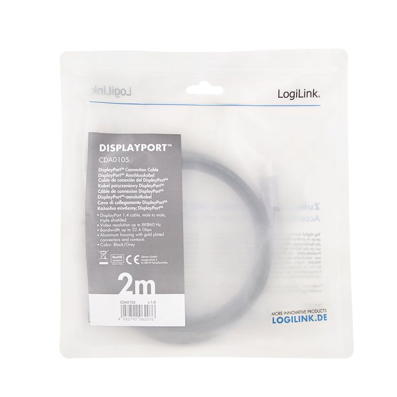 LogiLink Câble DisplayPort 1.4, fiche mâle - mâle, 2,0 m