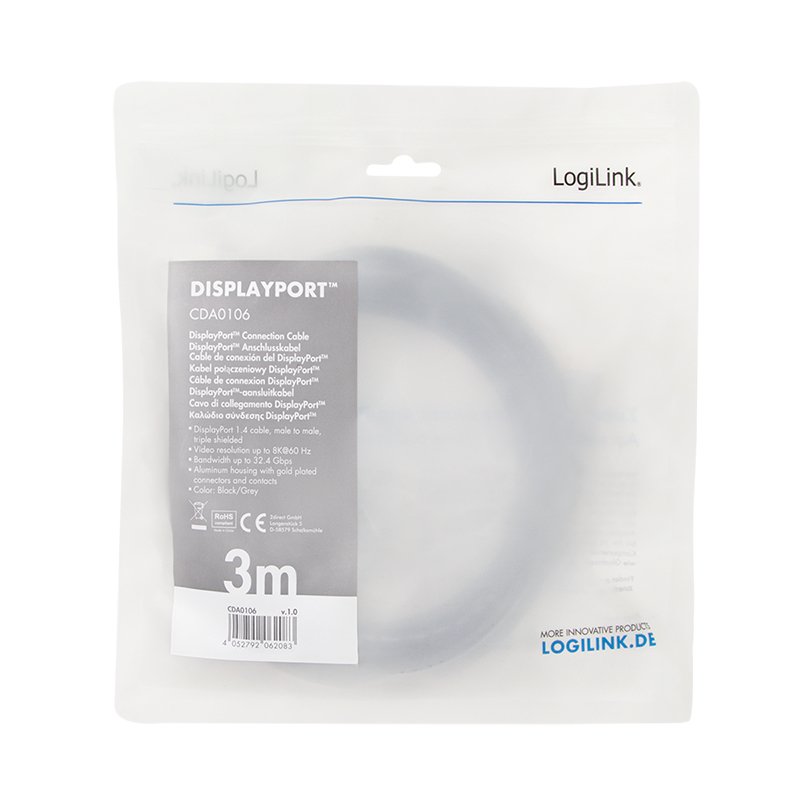 LogiLink CDA0106 câble DisplayPort 3 m Noir, Gris