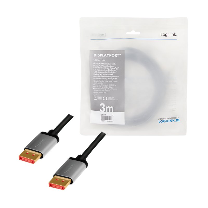 LogiLink Câble DisplayPort 1.4, fiche mâle - mâle, 3,0 m