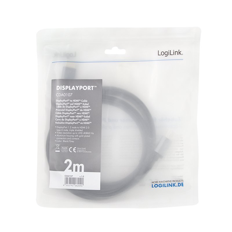 LogiLink Câble DispolayPort - HDMI, 2,0 m, noir/gris