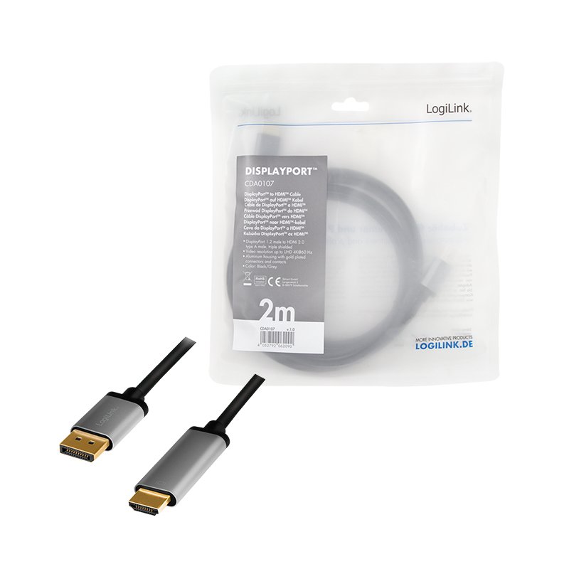 LogiLink Câble DispolayPort - HDMI, 2,0 m, noir/gris