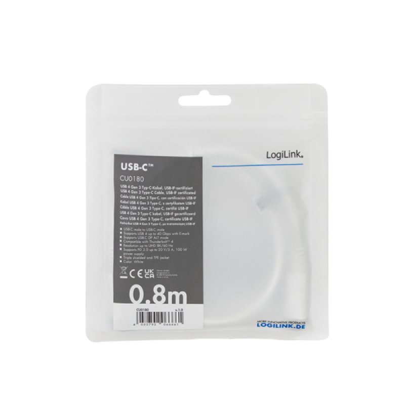 LogiLink CU0180 câble USB 0,8 m USB C Blanc
