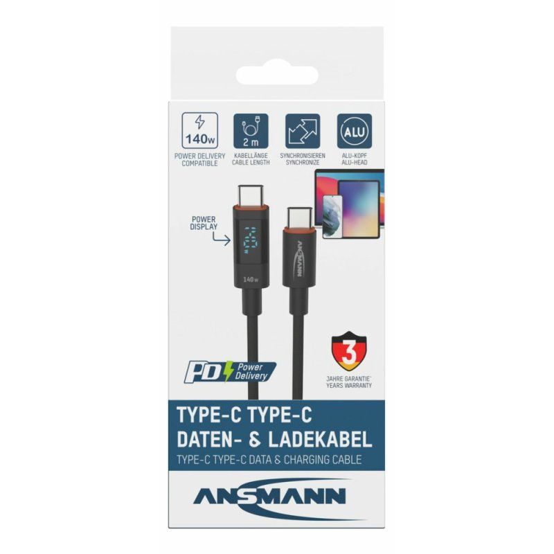 ANSMANN Câble données & charge avec écran, anthracite, 2,0 m