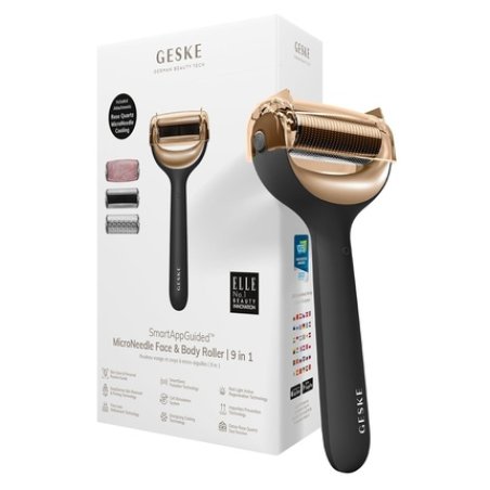 GESKE SmartAppGuided MicroNeedle Face & Body Roller 9 in 1 with Rose Quartz & Cooling Attachment Electric Derma Roller
