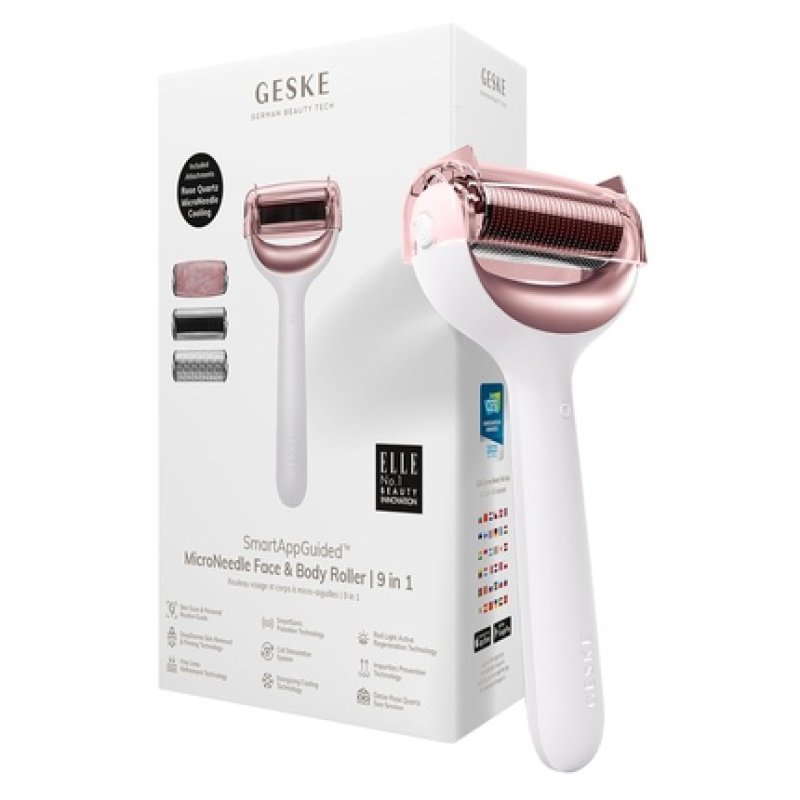 GESKE SmartAppGuided MicroNeedle Face & Body Roller 9 in 1 with Rose Quartz & Cooling Attachment Electric Derma Roller