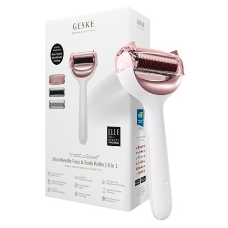 GESKE SmartAppGuided MicroNeedle Face & Body Roller 9 in 1 with Rose Quartz & Cooling Attachment Electric Derma Roller