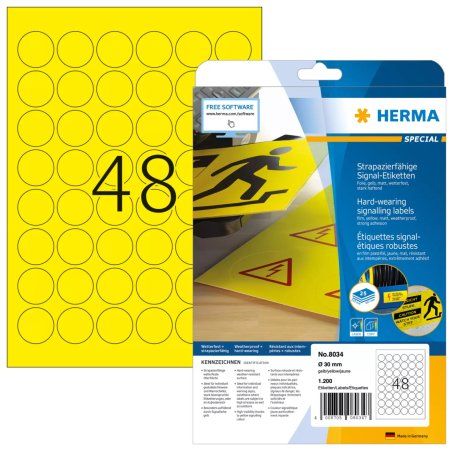 HERMA Labels signalling hard-wearing A4 Ø 30 mm round yellow strong adhesion film matt weatherpr. 1200 pcs