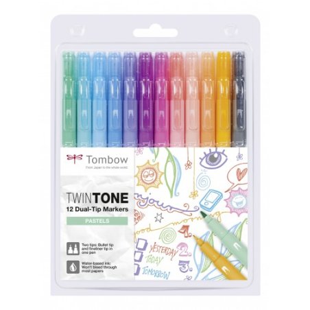 Tombow TwinTone Pastels marqueur 12 pièce(s) Pointe fine/ogive Noir, Bleu, Marron, Cyan, Vert, Orange, Rose, Rouge,