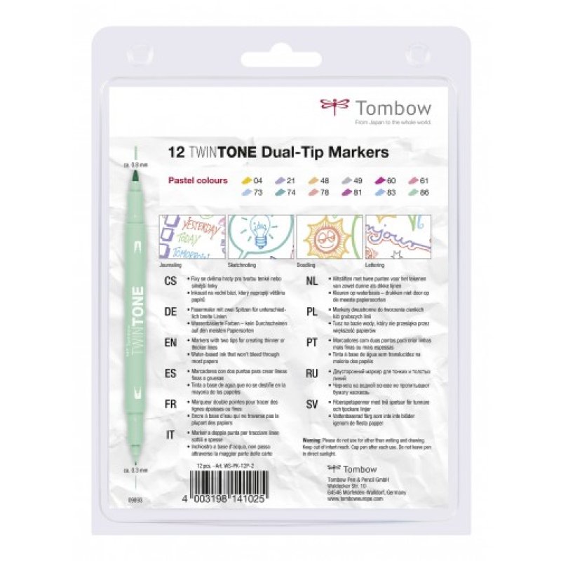 Tombow TwinTone Pastels marker 12 pc(s) Fine/Bullet tip Black, Blue, Brown, Cyan, Green, Orange, Pink, Red, Violet,
