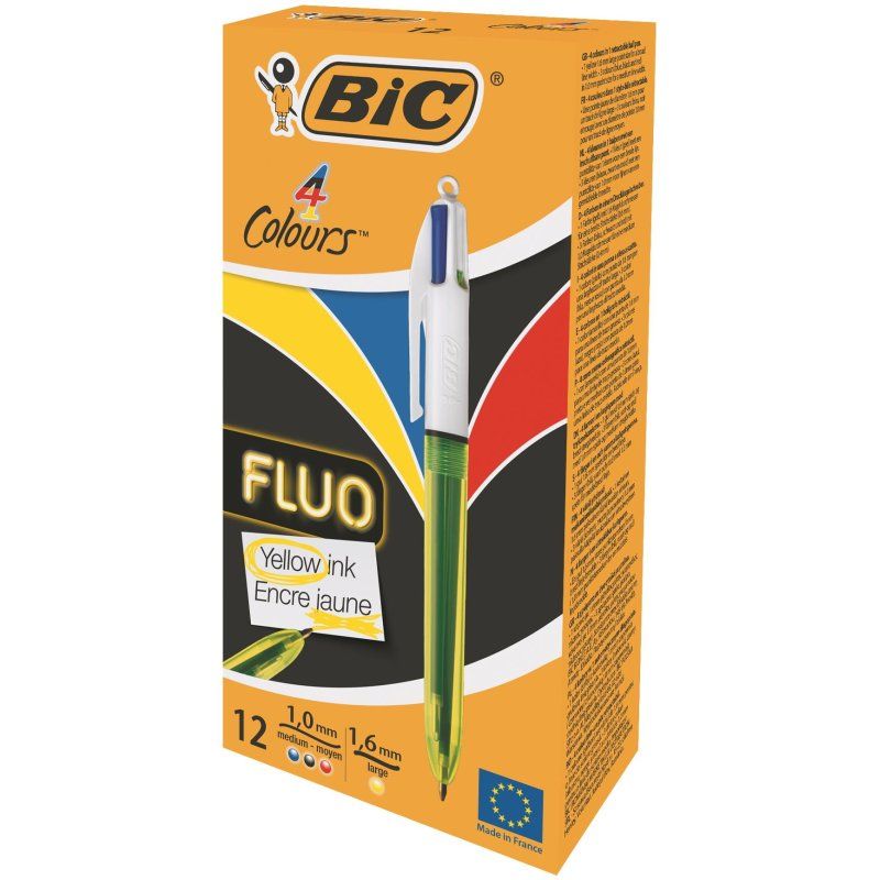 BIC 4Colours Fluo Clip-on retractable pen Black, Blue, Red, Yellow 12 pc(s)