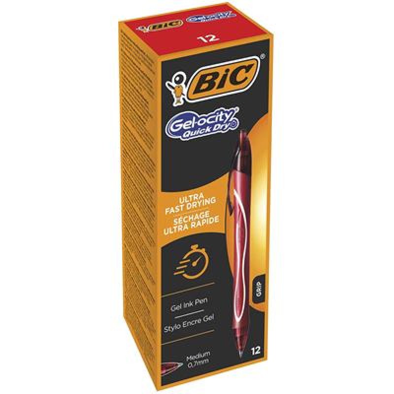 BIC Gel-ocity Quick Dry Rouge Stylo à bille rétractable avec clip Moyen 12 pièce(s)