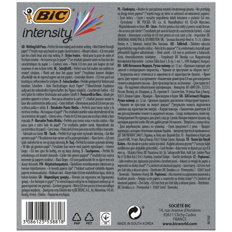 BIC Stylo feutre Intensity Medium, étui de 12, assorti