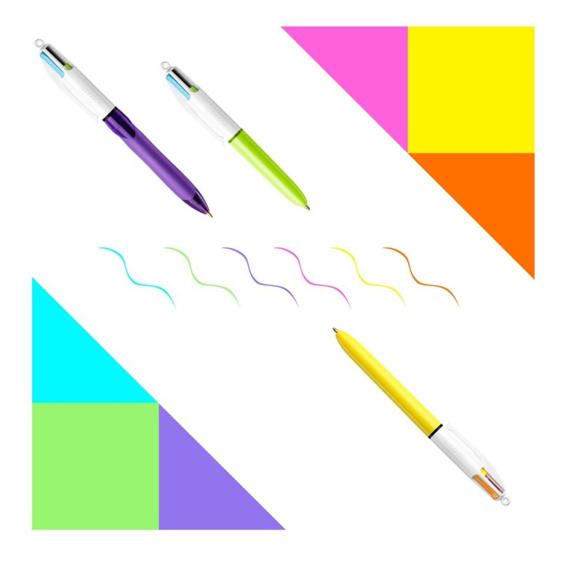 BIC 4 Colours Black, Blue, Cyan, Green, Light Green, Orange, Pink, Purple, Red, Yellow Clip-on retractable ballpoint