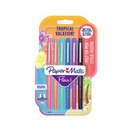 Papermate Flair Tropical Stylos à encre gel avec bouchon Moyen Noir, Bleu, Orange, Rose, Violet 6 pièce(s)