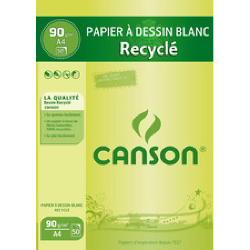 CANSON Bloc de papier à dessin recyclé, A4, 90 g/m2, blanc