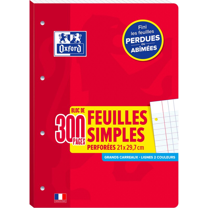 Oxford Bloc de feuilles simples perforées, A4, seyès